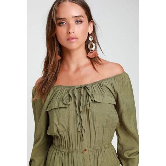 Lulus Etta Olive Green Button Front Off-the-Shoulder Dress good pre-owned condit - Picture 3 of 7